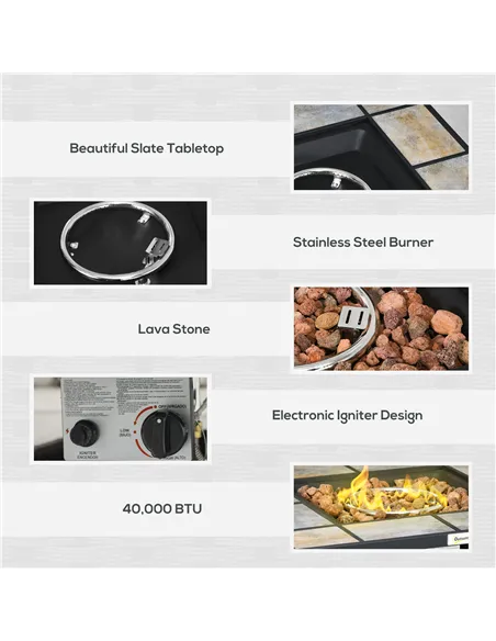 Outsunny Square Outdoor PE Rattan Fire Pit Table Gas Burner Heater w/ Control Panel, Slate Top, Lid and Lava Rocks, 50,000 BTU