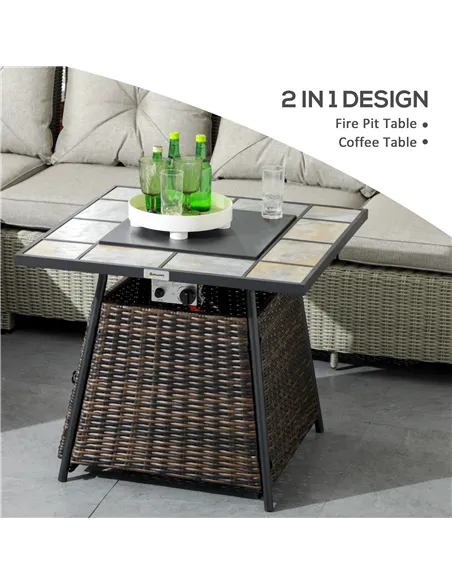 Outsunny Square Outdoor PE Rattan Fire Pit Table Gas Burner Heater w/ Control Panel, Slate Top, Lid and Lava Rocks, 50,000 BTU