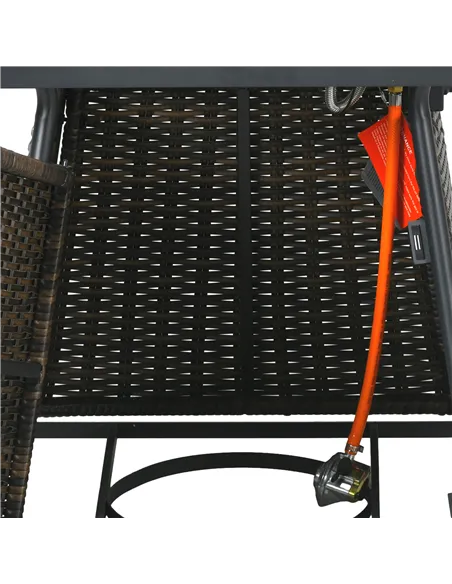 Outsunny Square Outdoor PE Rattan Fire Pit Table Gas Burner Heater w/ Control Panel, Slate Top, Lid and Lava Rocks, 50,000 BTU