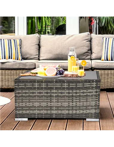 Outsunny Square PE Wicker Rattan Table with Glass Top - Dark Grey