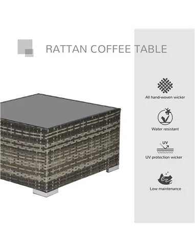 Outsunny Square PE Wicker Rattan Table with Glass Top - Dark Grey