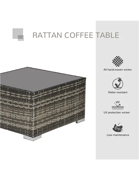 Outsunny Square PE Wicker Rattan Table with Glass Top - Dark Grey