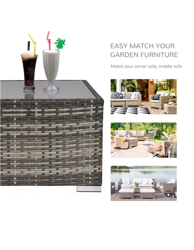 Outsunny Square PE Wicker Rattan Table with Glass Top - Dark Grey