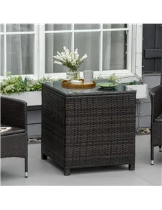 Outsunny Rattan Garden Furniture Side Table Patio Frame Tempered Glass New - Brown 2