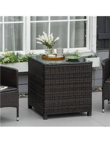 Outsunny Rattan Garden Furniture Side Table Patio Frame Tempered Glass New - Brown