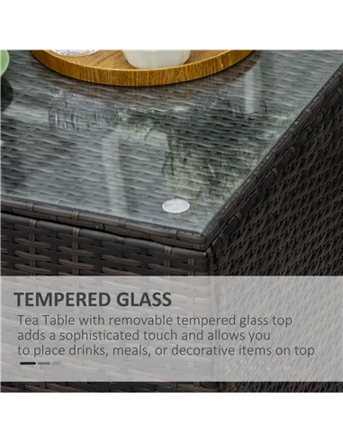 Outsunny Rattan Garden Furniture Side Table Patio Frame Tempered Glass New - Brown