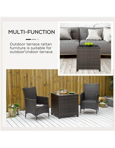 Outsunny Rattan Garden Furniture Side Table Patio Frame Tempered Glass New - Brown