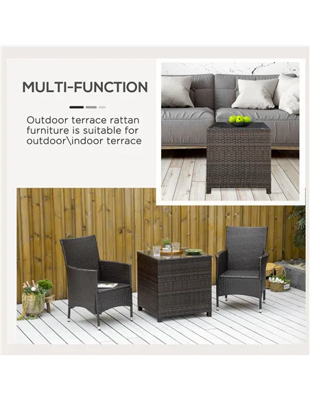 Outsunny Rattan Garden Furniture Side Table Patio Frame Tempered Glass New - Brown