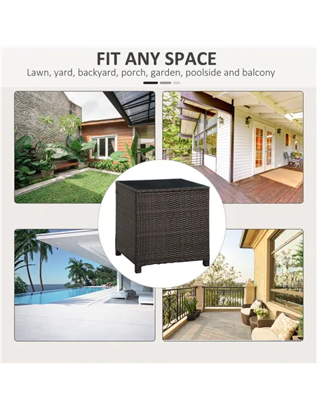 Outsunny Rattan Garden Furniture Side Table Patio Frame Tempered Glass New - Brown