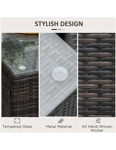 Outsunny Rattan Garden Furniture Side Table Patio Frame Tempered Glass New - Brown
