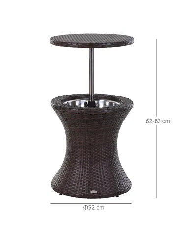 Outsunny PE Rattan Ice Bucket Table, Height Adjustable Liftable Outdoor Drinks Cooler, 52 cm Round Garden Beer Cocktail Table wi