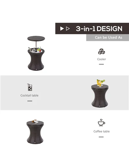 Outsunny PE Rattan Ice Bucket Table, Height Adjustable Liftable Outdoor Drinks Cooler, 52 cm Round Garden Beer Cocktail Table wi
