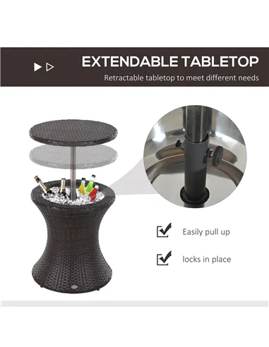Outsunny PE Rattan Ice Bucket Table, Height Adjustable Liftable Outdoor Drinks Cooler, 52 cm Round Garden Beer Cocktail Table wi