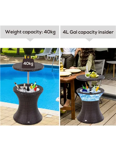 Outsunny PE Rattan Ice Bucket Table, Height Adjustable Liftable Outdoor Drinks Cooler, 52 cm Round Garden Beer Cocktail Table wi