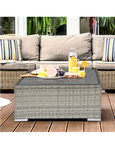 Outsunny Square PE Wicker Rattan Table, with Glass Top - Light Grey