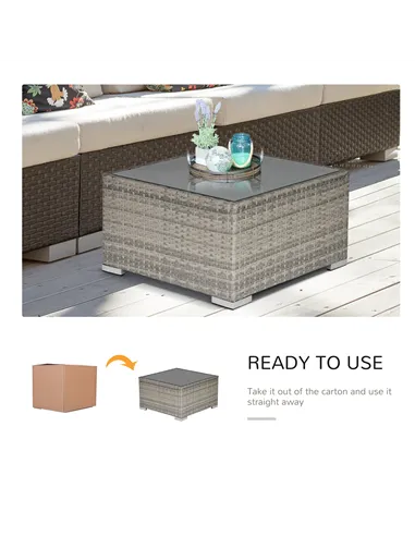 Outsunny Square PE Wicker Rattan Table, with Glass Top - Light Grey