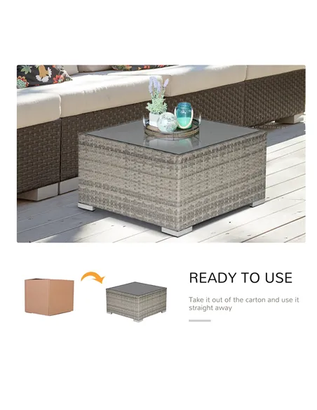 Outsunny Square PE Wicker Rattan Table, with Glass Top - Light Grey