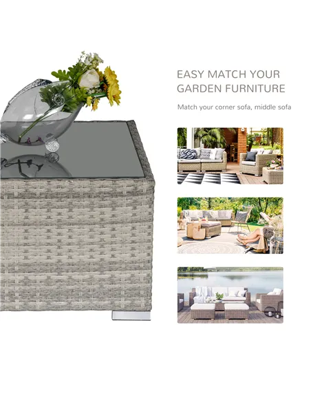 Outsunny Square PE Wicker Rattan Table, with Glass Top - Light Grey