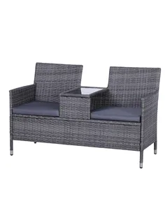 Outsunny 2-Seater PE Rattan Outdoor Garden Bench w/ Centre Table Grey