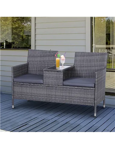 Outsunny 2-Seater PE Rattan Outdoor Garden Bench w/ Centre Table Grey