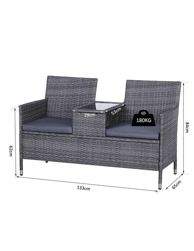 Outsunny 2-Seater PE Rattan Outdoor Garden Bench w/ Centre Table Grey
