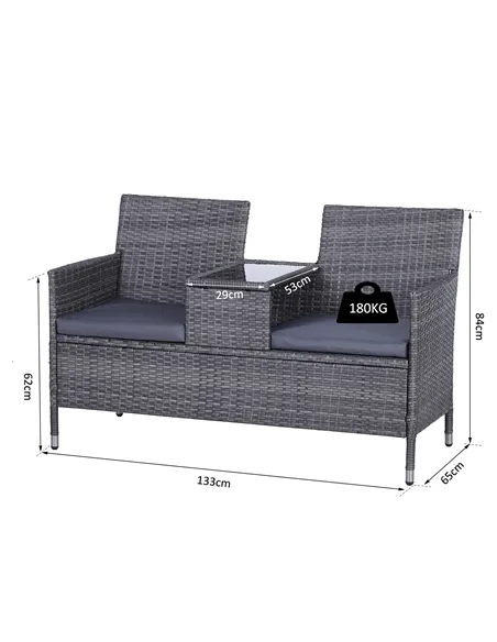 Outsunny 2-Seater PE Rattan Outdoor Garden Bench w/ Centre Table Grey