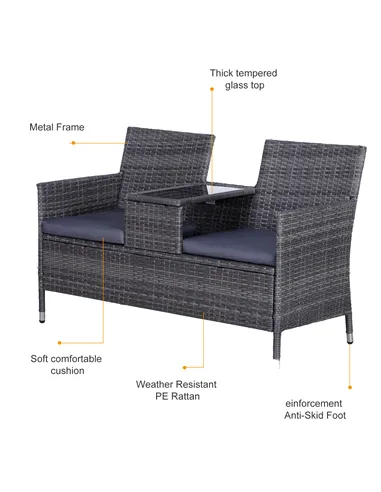 Outsunny 2-Seater PE Rattan Outdoor Garden Bench w/ Centre Table Grey