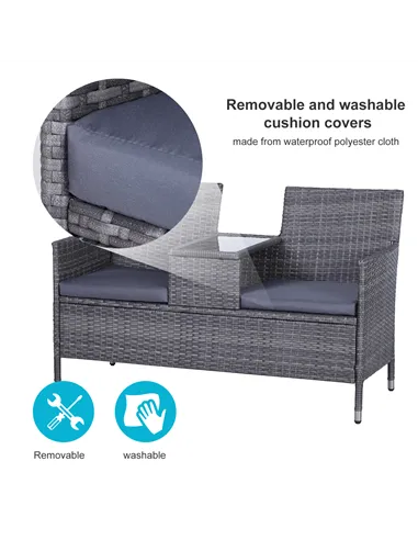 Outsunny 2-Seater PE Rattan Outdoor Garden Bench w/ Centre Table Grey