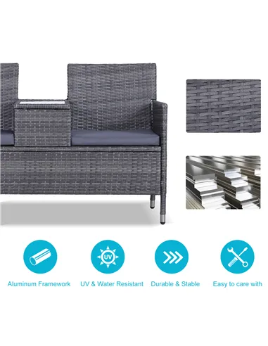 Outsunny 2-Seater PE Rattan Outdoor Garden Bench w/ Centre Table Grey
