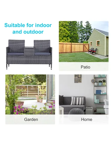 Outsunny 2-Seater PE Rattan Outdoor Garden Bench w/ Centre Table Grey