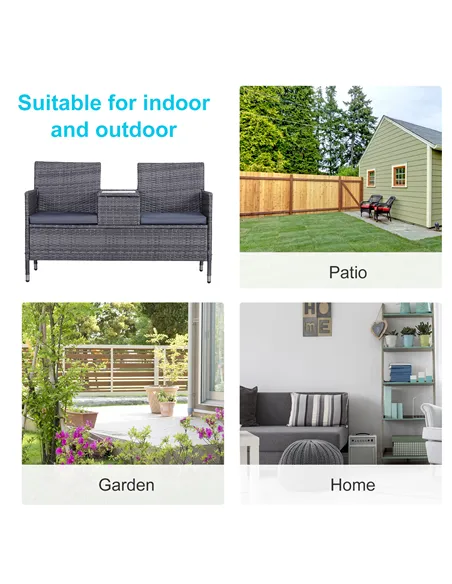 Outsunny 2-Seater PE Rattan Outdoor Garden Bench w/ Centre Table Grey