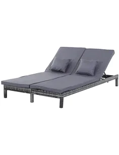 Outsunny 2 Seater Rattan Lounger Adjustable Double Chaise Chair Loveseat w/ Cushion - Grey