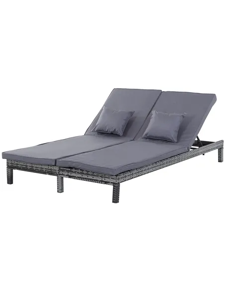 Outsunny 2 Seater Rattan Lounger Adjustable Double Chaise Chair Loveseat w/ Cushion - Grey