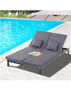Outsunny 2 Seater Rattan Lounger Adjustable Double Chaise Chair Loveseat w/ Cushion - Grey 2