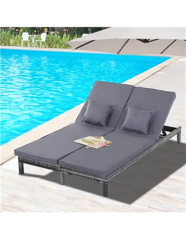 Outsunny 2 Seater Rattan Lounger Adjustable Double Chaise Chair Loveseat w/ Cushion - Grey