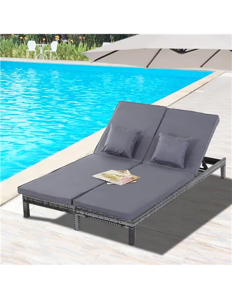 Outsunny 2 Seater Rattan Lounger Adjustable Double Chaise Chair Loveseat w/ Cushion - Grey