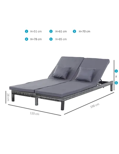 Outsunny 2 Seater Rattan Lounger Adjustable Double Chaise Chair Loveseat w/ Cushion - Grey