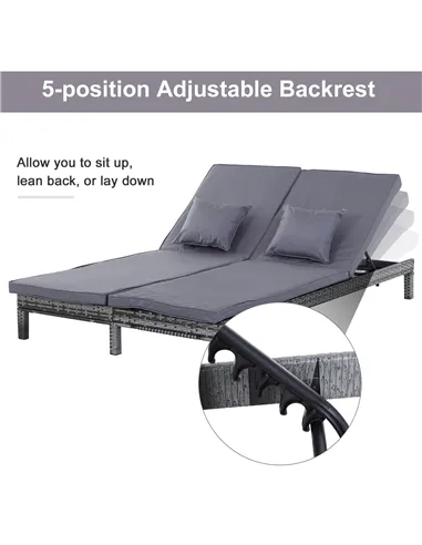 Outsunny 2 Seater Rattan Lounger Adjustable Double Chaise Chair Loveseat w/ Cushion - Grey