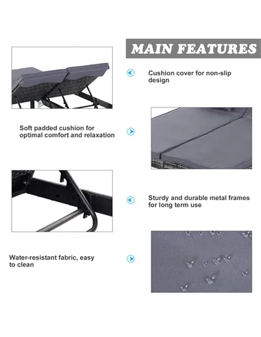 Outsunny 2 Seater Rattan Lounger Adjustable Double Chaise Chair Loveseat w/ Cushion - Grey