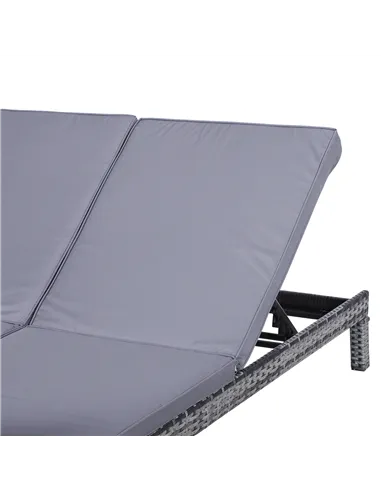 Outsunny 2 Seater Rattan Lounger Adjustable Double Chaise Chair Loveseat w/ Cushion - Grey
