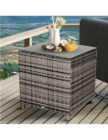 Outsunny Square PE Rattan Garden Table, with Glass Table Top - Grey