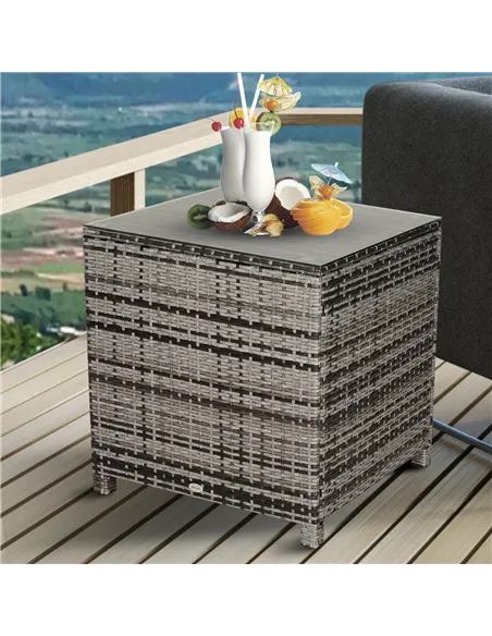 Outsunny Square PE Rattan Garden Table, with Glass Table Top - Grey