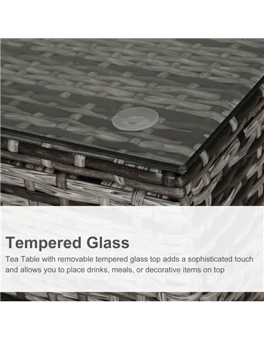 Outsunny Square PE Rattan Garden Table, with Glass Table Top - Grey