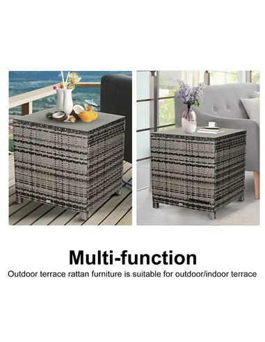 Outsunny Square PE Rattan Garden Table, with Glass Table Top - Grey
