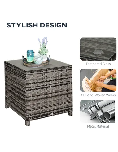 Outsunny Square PE Rattan Garden Table, with Glass Table Top - Grey
