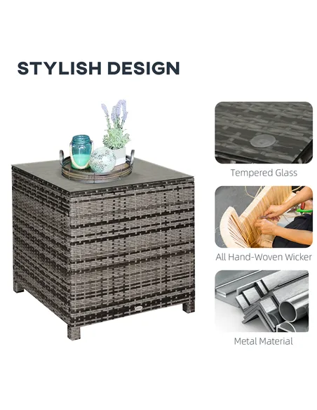 Outsunny Square PE Rattan Garden Table, with Glass Table Top - Grey