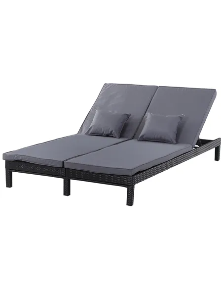 Outsunny 2 Seater Rattan Lounger Adjustable Double Chaise Chair Loveseat w/ Cushion Black