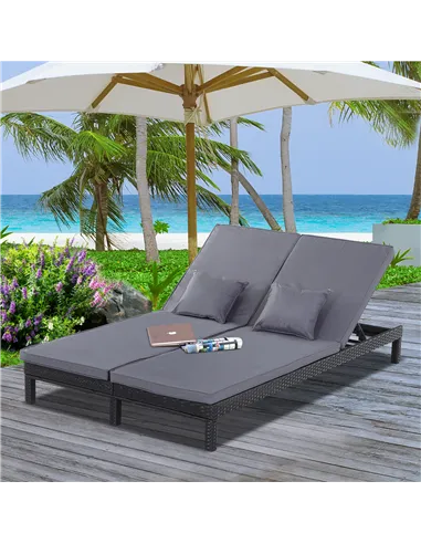 Outsunny 2 Seater Rattan Lounger Adjustable Double Chaise Chair Loveseat w/ Cushion Black