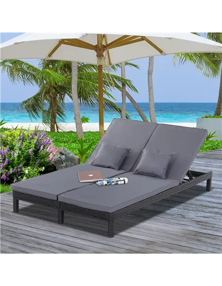 Outsunny 2 Seater Rattan Lounger Adjustable Double Chaise Chair Loveseat w/ Cushion Black