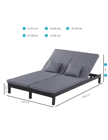 Outsunny 2 Seater Rattan Lounger Adjustable Double Chaise Chair Loveseat w/ Cushion Black